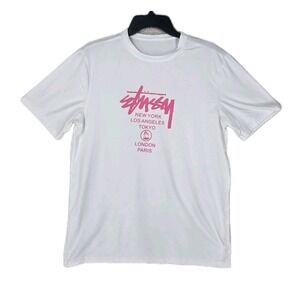 Stussy T-Shirt White Pink Logo Mens S Stretch Crewneck Performance SS READ